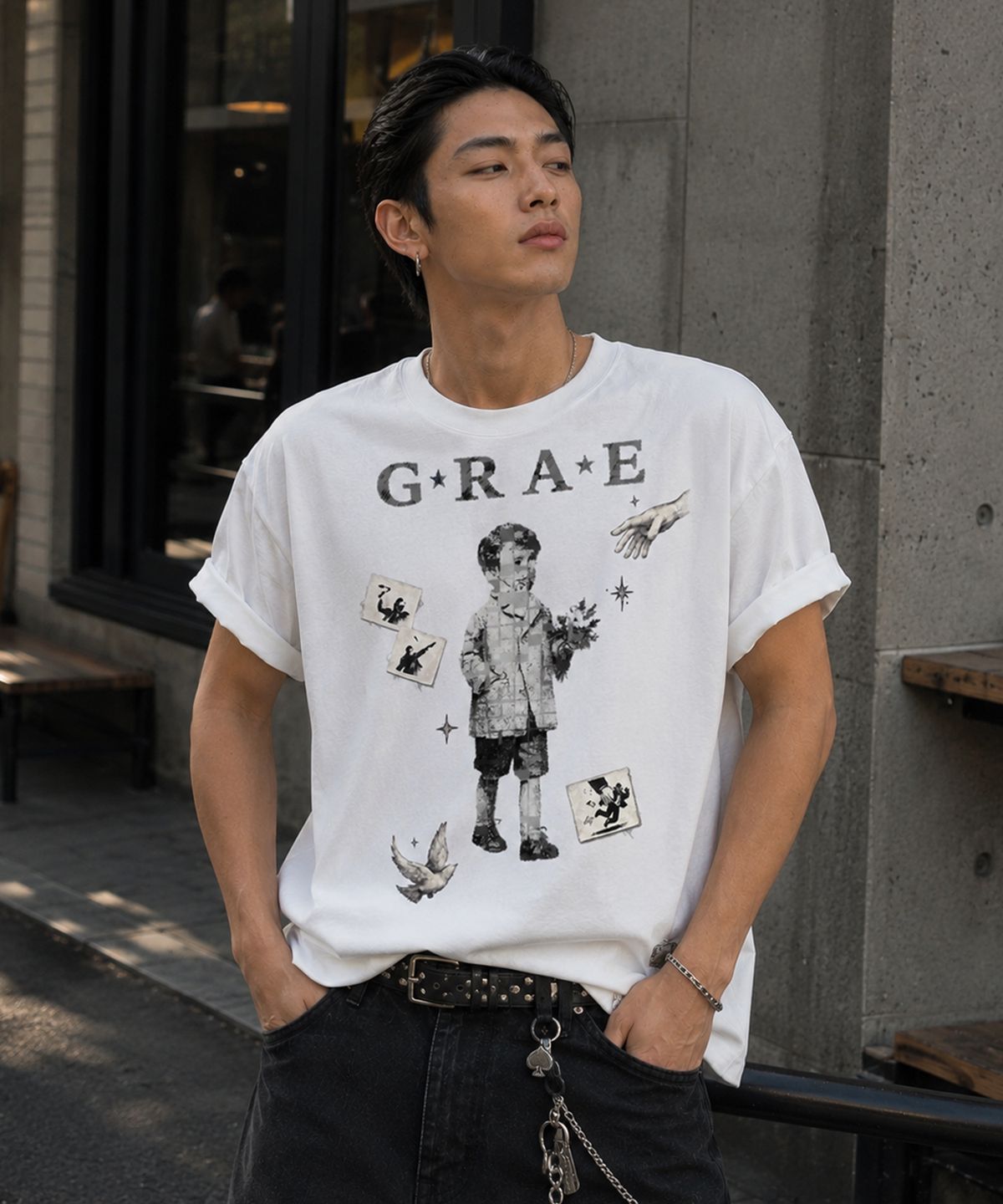 그레이버 오디너리(GRAVER ORDINARY) [ODNR UNISEX]Grae Peace 반팔 티셔츠_WHITE