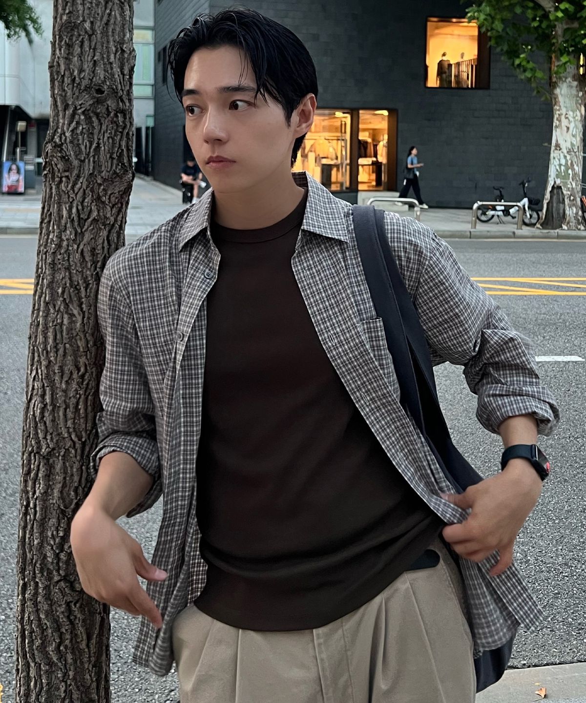 마인드브릿지(MINDBRIDGE) [COUTURE]미니 베이지 체크 오버핏 긴팔 셔츠