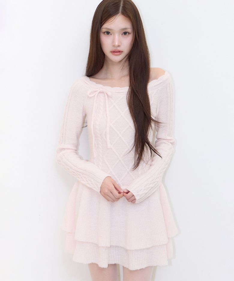 오프숄더 캉캉 원피스 핑크