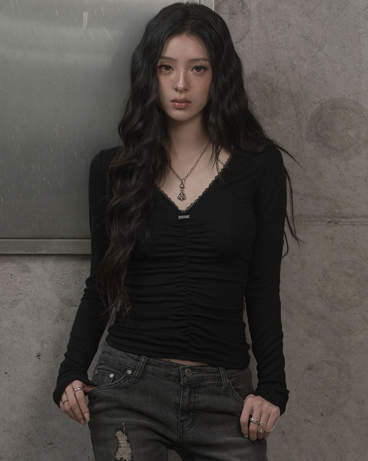 카키포인트(KHAKIPOINT) Lace Shirring Top (black)