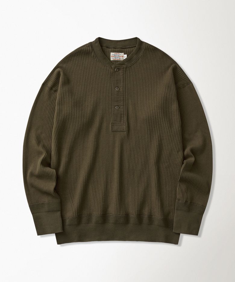 Ribbed Long Sleeve Henley Shirt Olive Brown