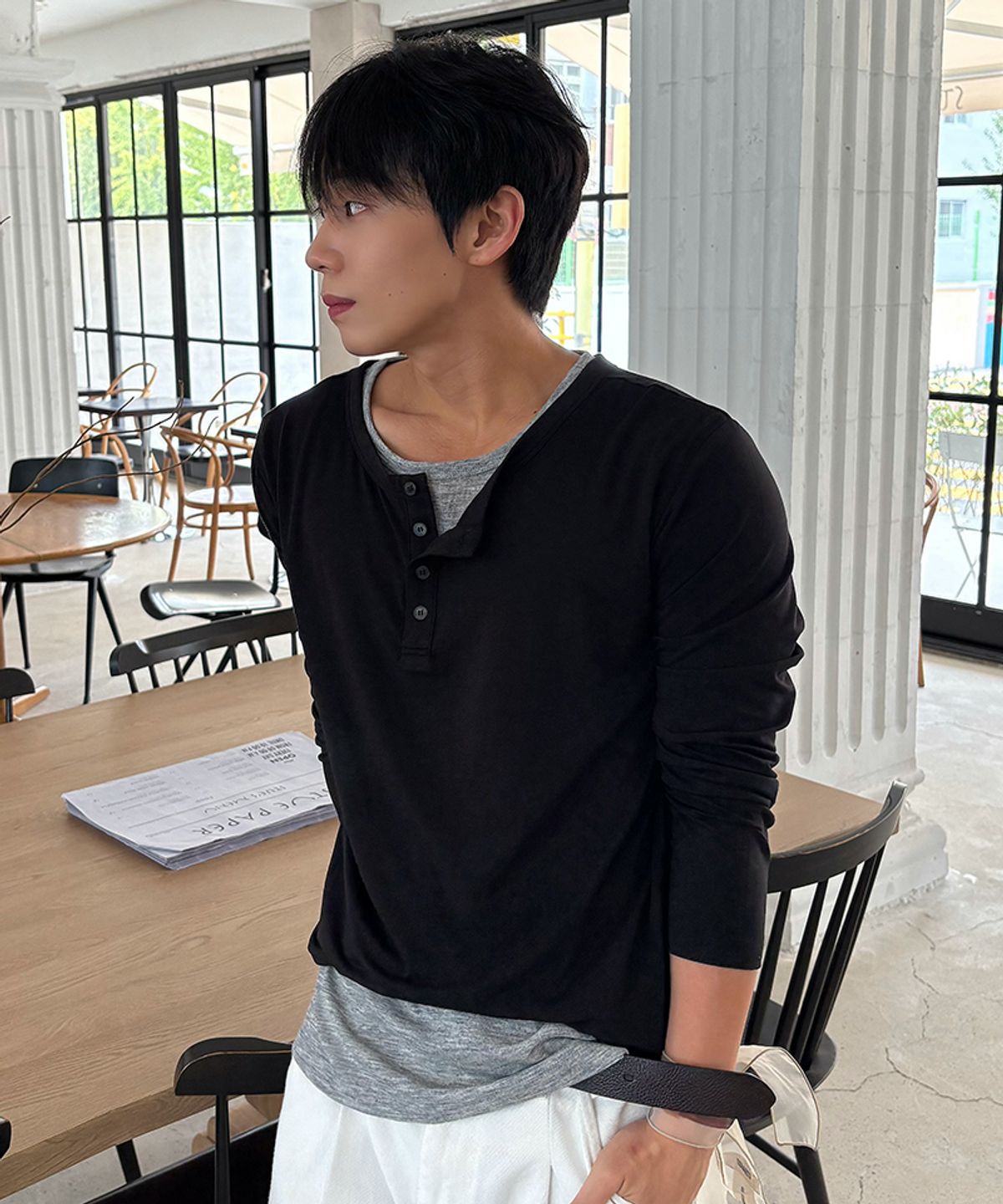 드로우핏(DRAW FIT) 레이어드 헨리넥 롱슬리브 티셔츠 [BLACK]