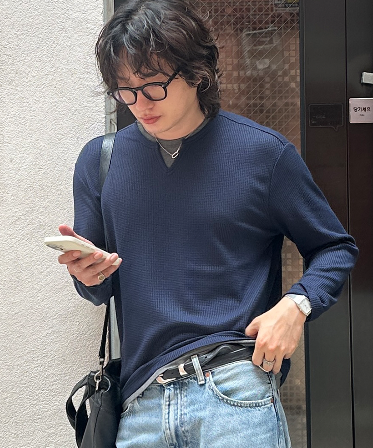드로우핏(DRAW FIT) 레이어드 와플 헨리넥 티셔츠 [NAVY]