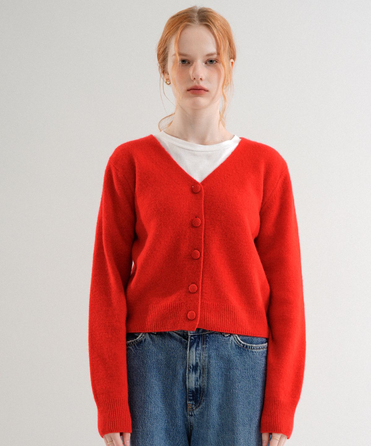 블레티(VLETI) Wool 100% V-neck Basic Knit Cardigan (Red)