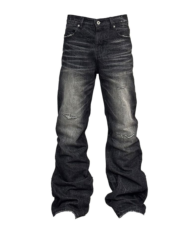 Distressed Washed Black Flared Denim