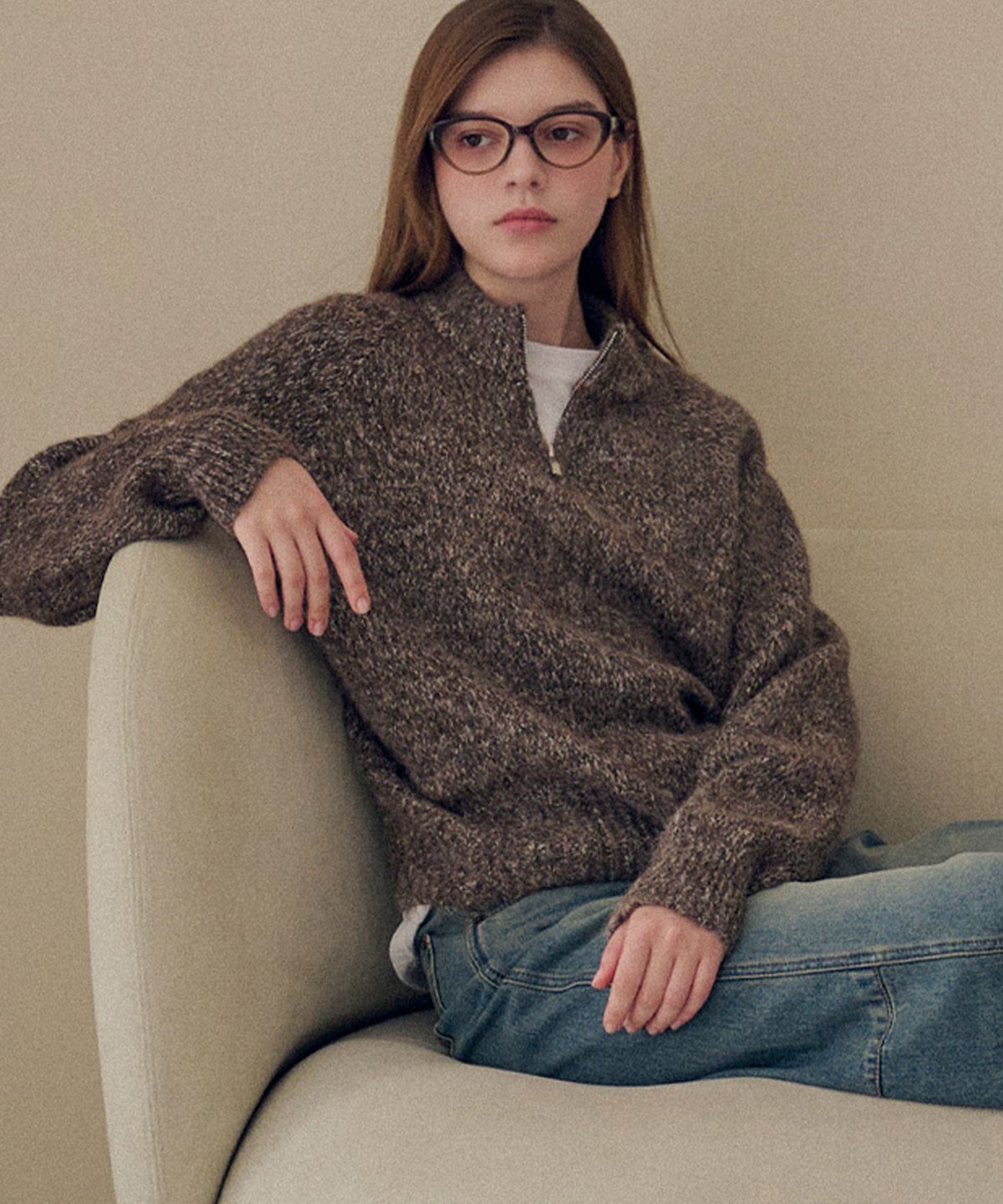 슬로우롤리(SLOWLOLLI) Boucle half zip knit_3 Colors