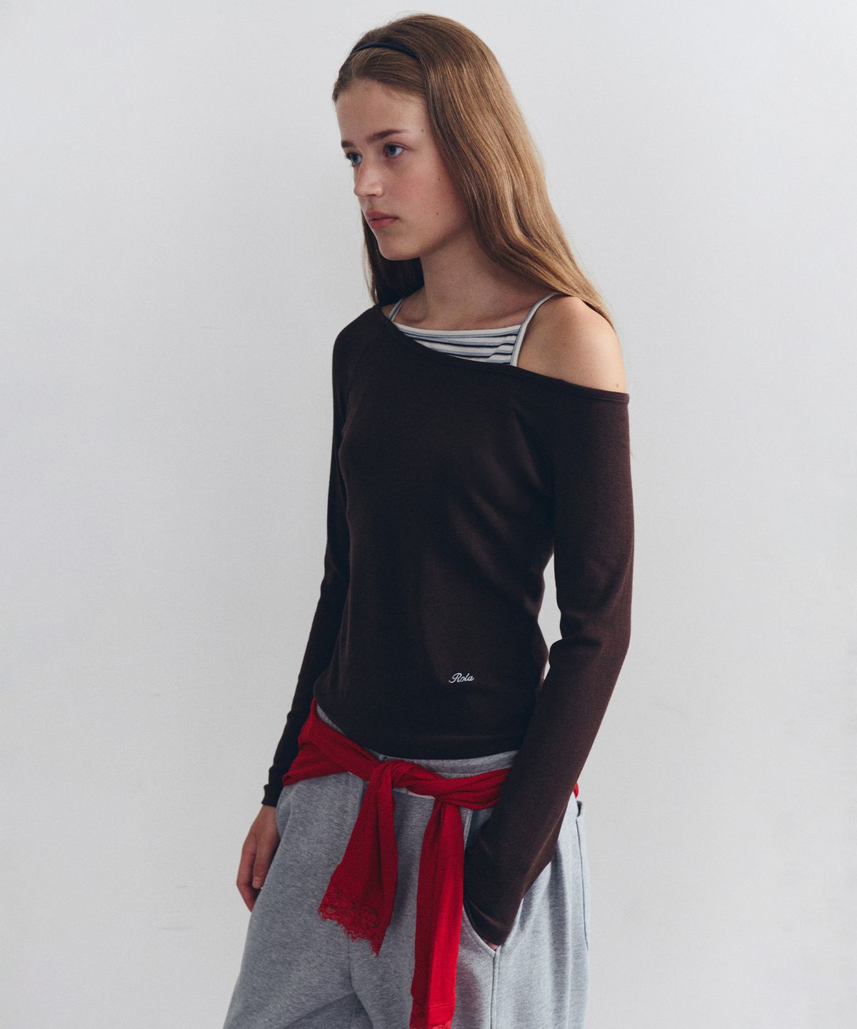 로라로라(ROLAROLA) UNBALANCE STRIPE LONG SLEEVE BROWN
