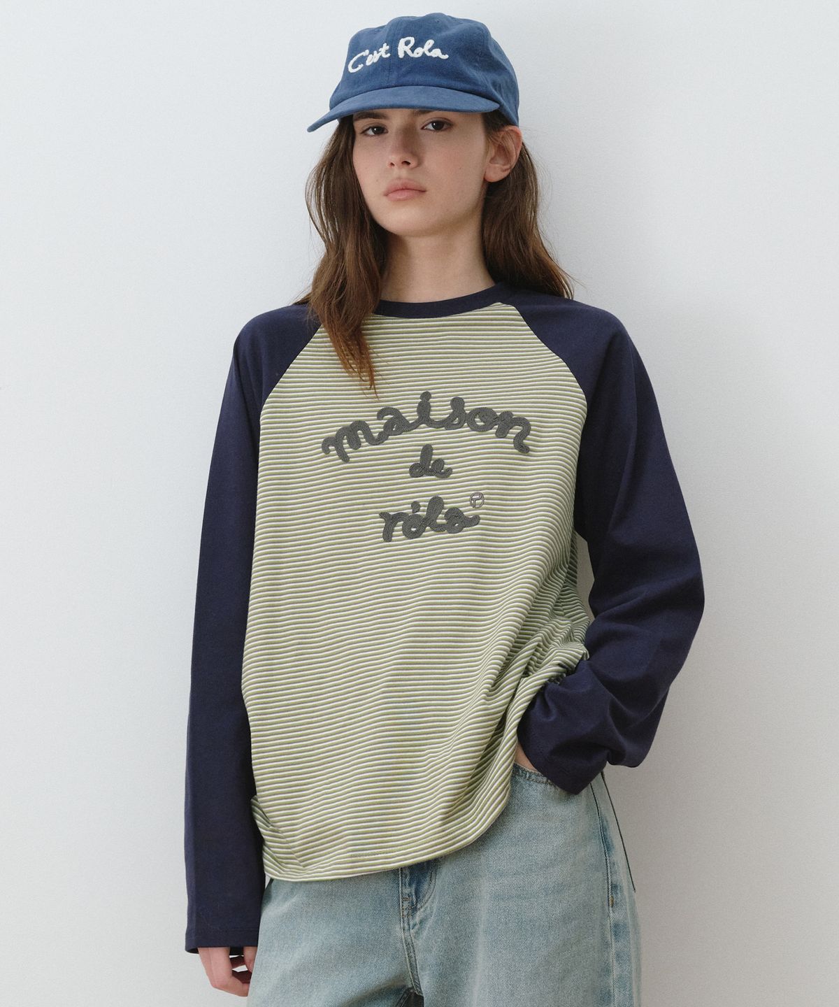 로라로라(ROLAROLA) MAISON DE ROLA EMBROIDERY STRIPE LONG SLEEVE L/GR+NV