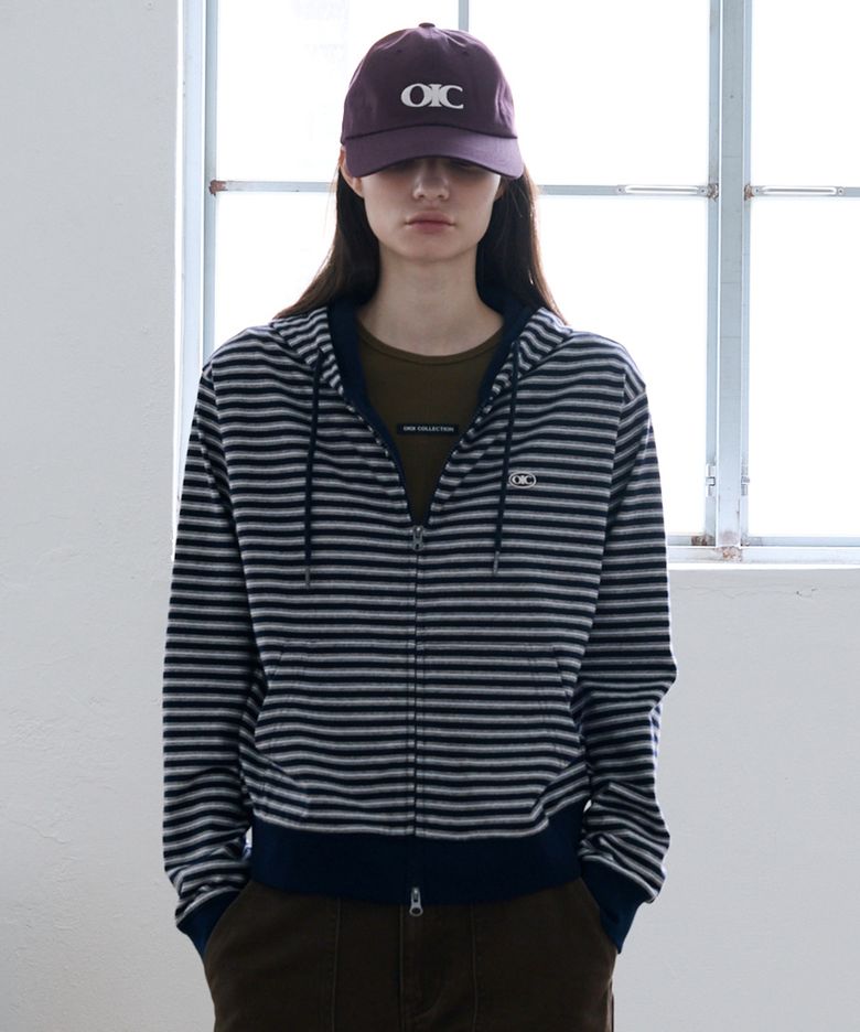 스트라이프 후드 집업 [NAVY]