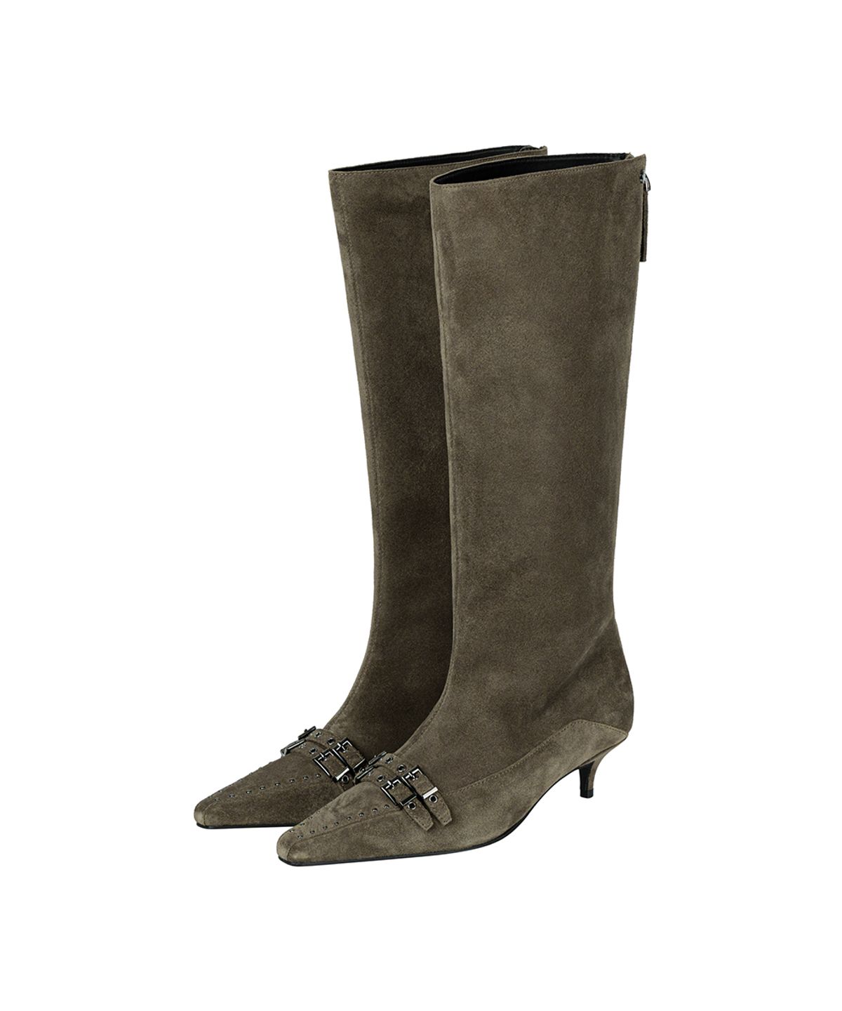 트리밍버드(TREEMINGBIRD) Double-Belted Studded Long Boots [ Khaki ]