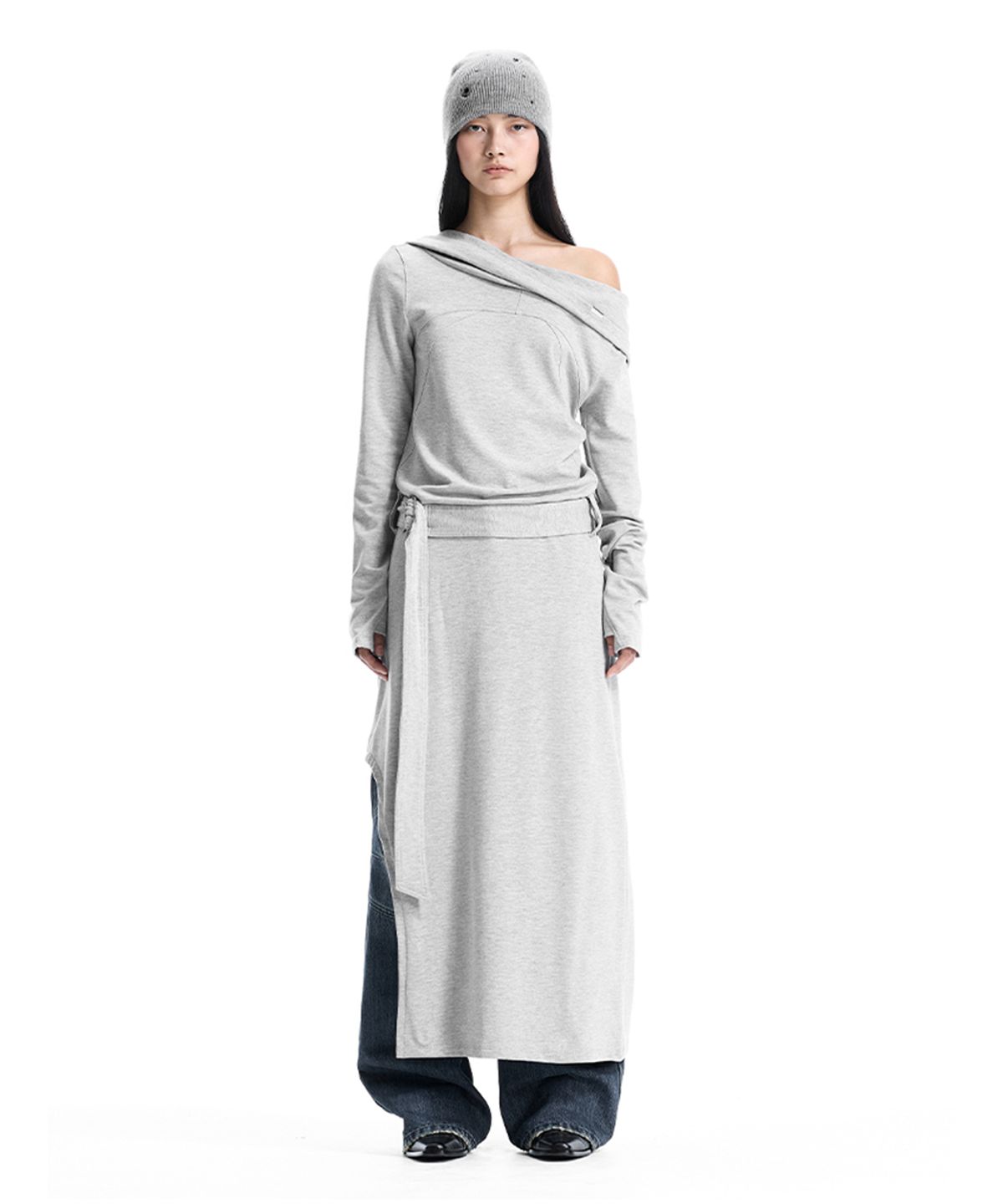 트리밍버드(TREEMINGBIRD) Hooded One-Shoulder Maxi Dress [ Melange Gray ]