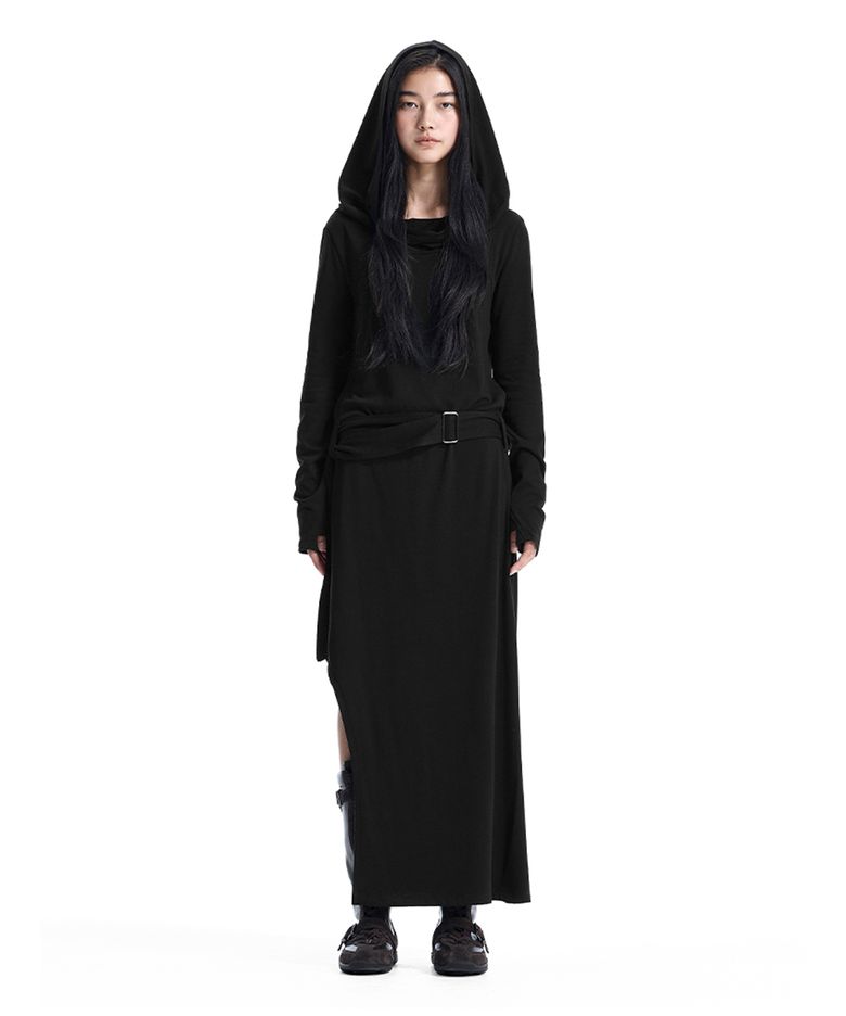 Hooded One-Shoulder Maxi Dress [ Black ]
