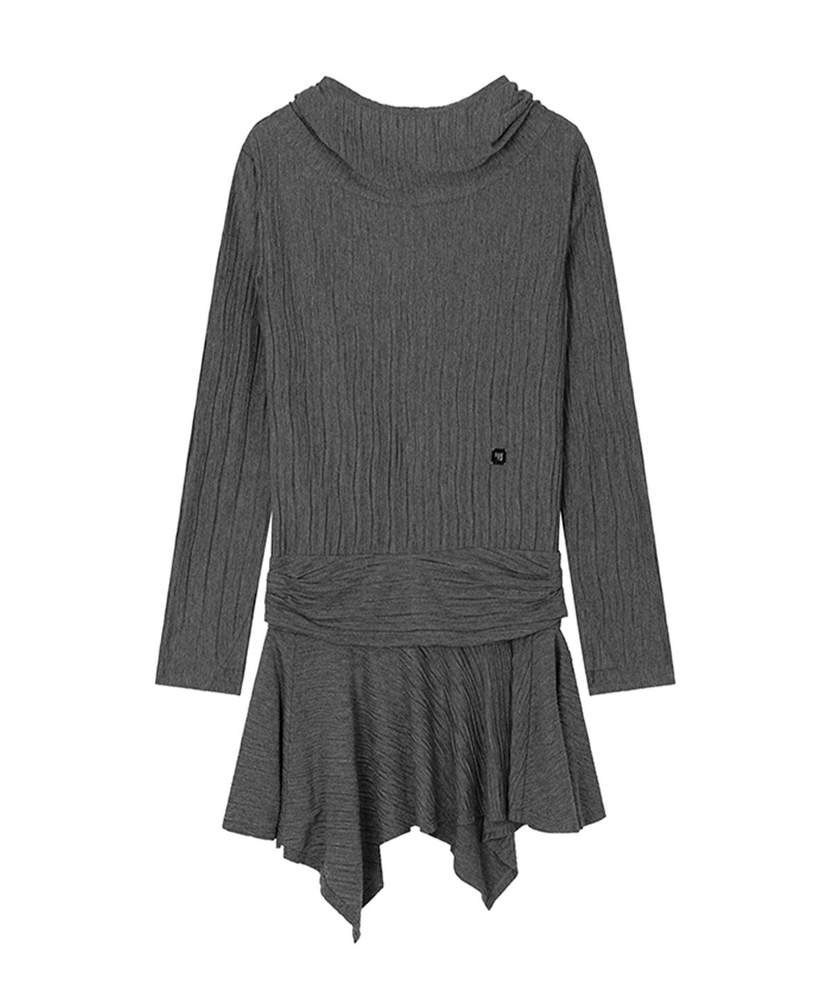 트리밍버드(TREEMINGBIRD) Crinkle Draped Hooded Long Sleeve Dress [ Charcoal ]