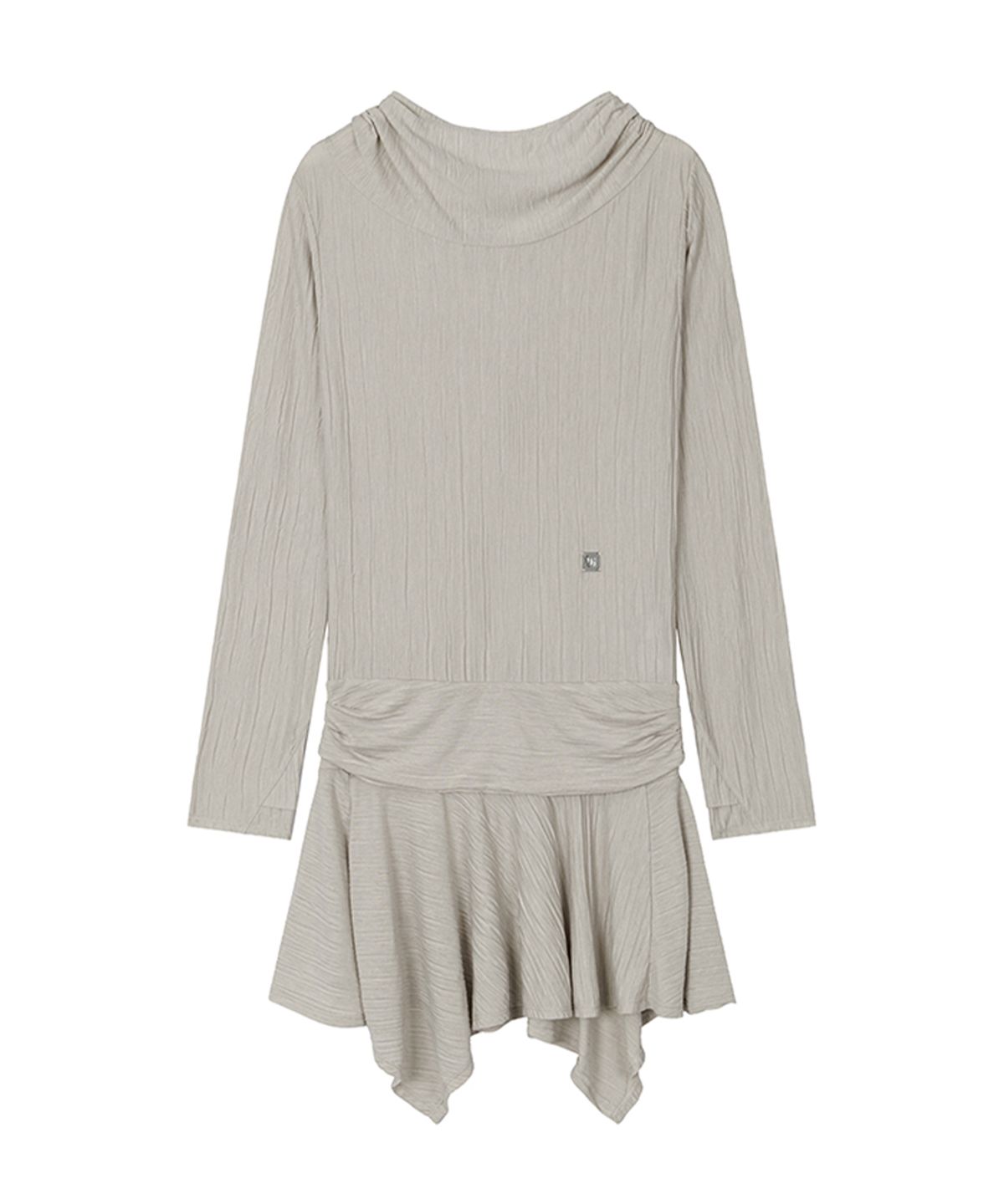 트리밍버드(TREEMINGBIRD) Crinkle Draped Hooded Long Sleeve Dress [ Beige ]