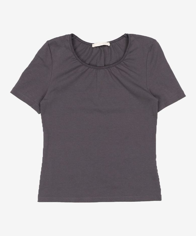 NECK SHIRRING SHORT SLEEVE TOP_CHARCOAL FREE