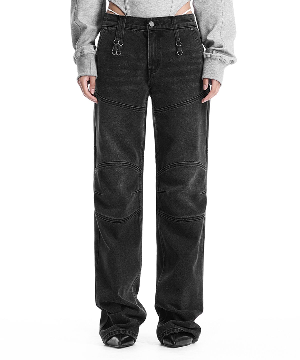 트리밍버드(TREEMINGBIRD) Low-Rise Moto Paneled Bootcut Denim [ Black ]