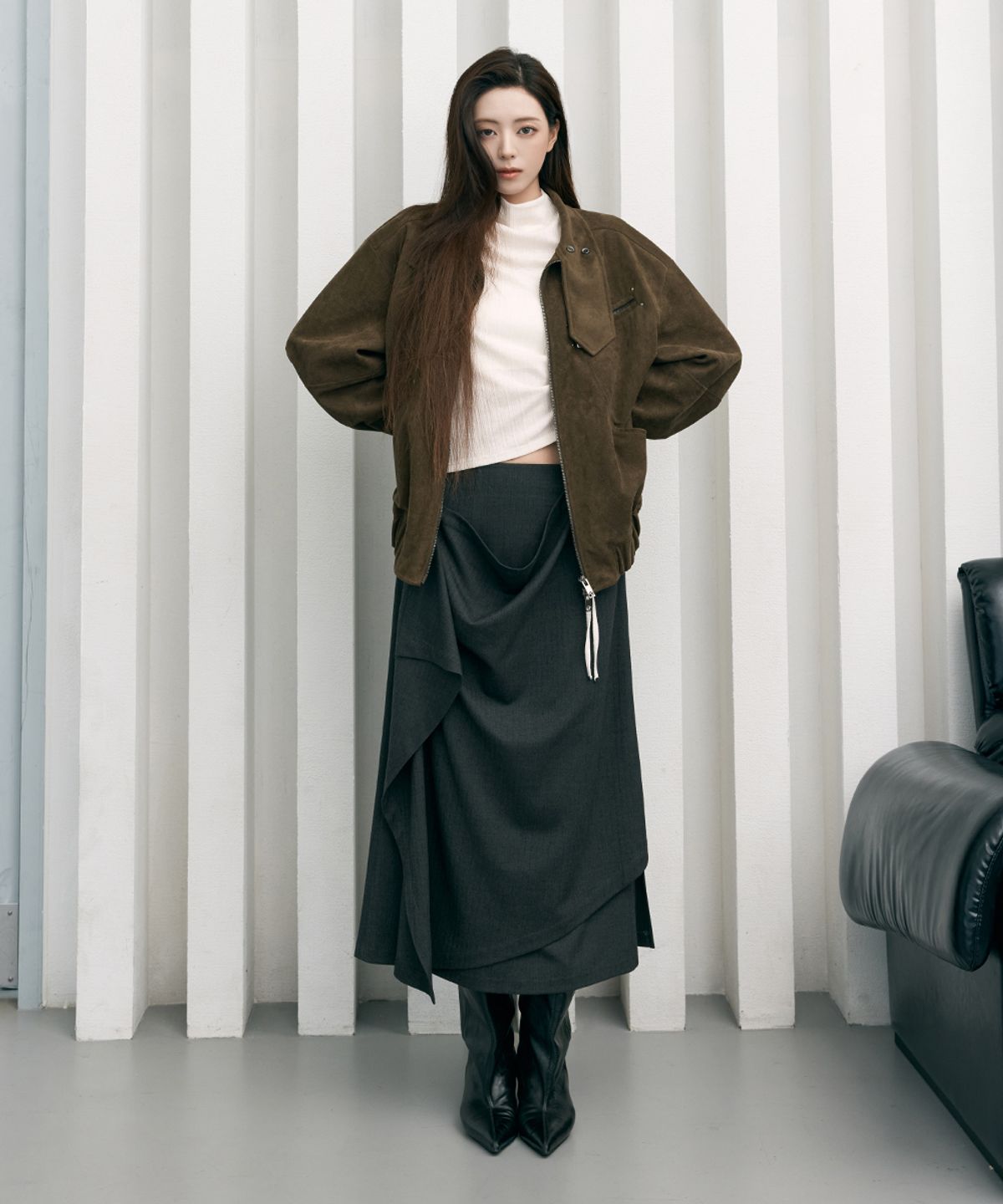 트리밍버드(TREEMINGBIRD) Layered Overlay Set-Up Skirt [ Charcoal ]