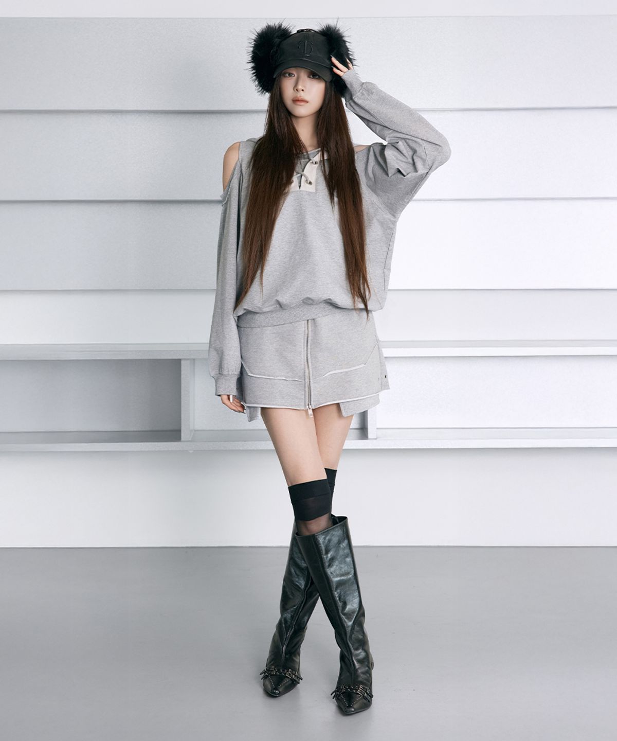 트리밍버드(TREEMINGBIRD) Front Zip Layered Jersey Mini Skirt [ Melange Gray ]