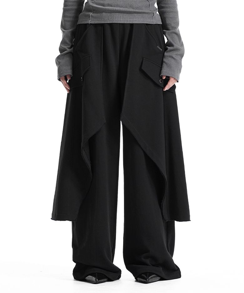 Raw-Edge Layered Sweat Pants [ Black ]
