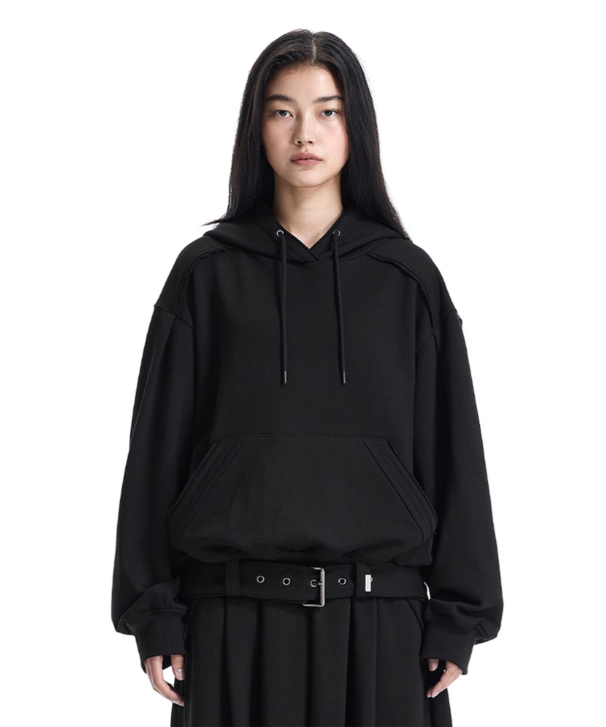 트리밍버드(TREEMINGBIRD) Raw-Edge Belted Set-Up Hoodie [ Black ]