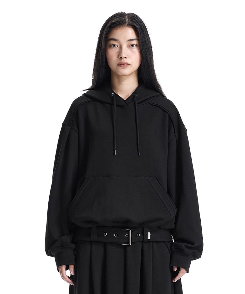 Raw-Edge Belted Set-Up Hoodie [ Black ]