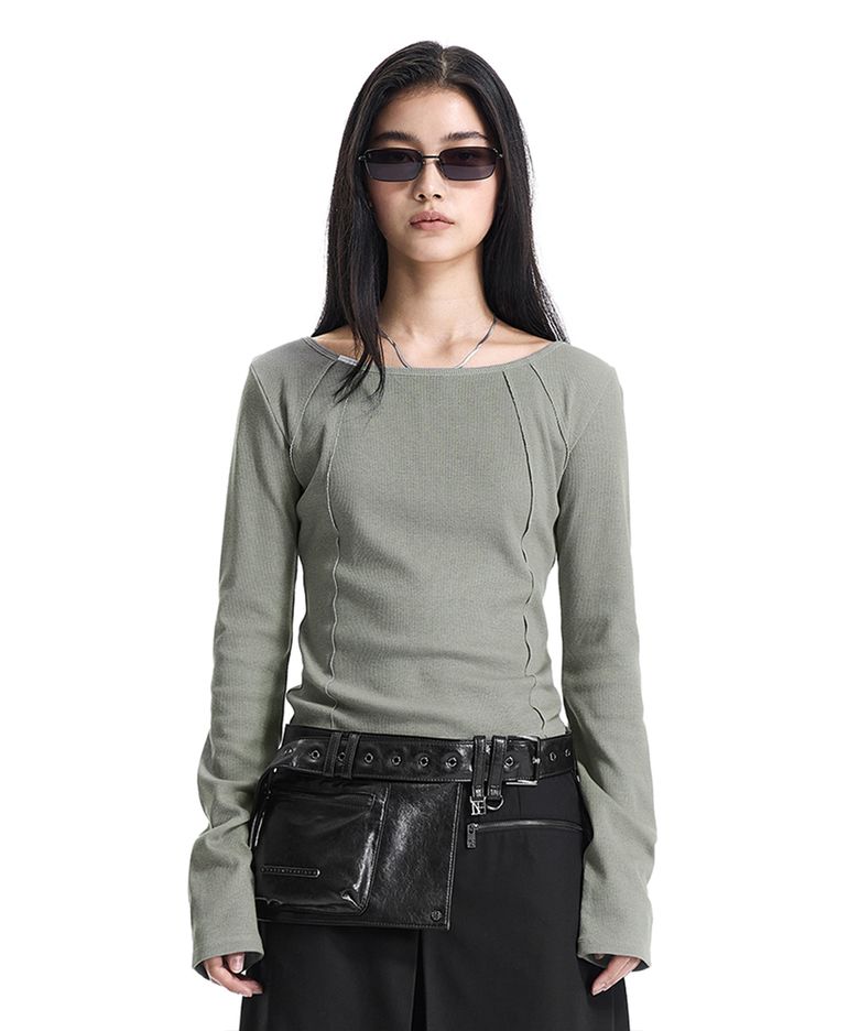 Pigment-Washed Raw Edge Boat Neck T-Shirt [ Khaki ]