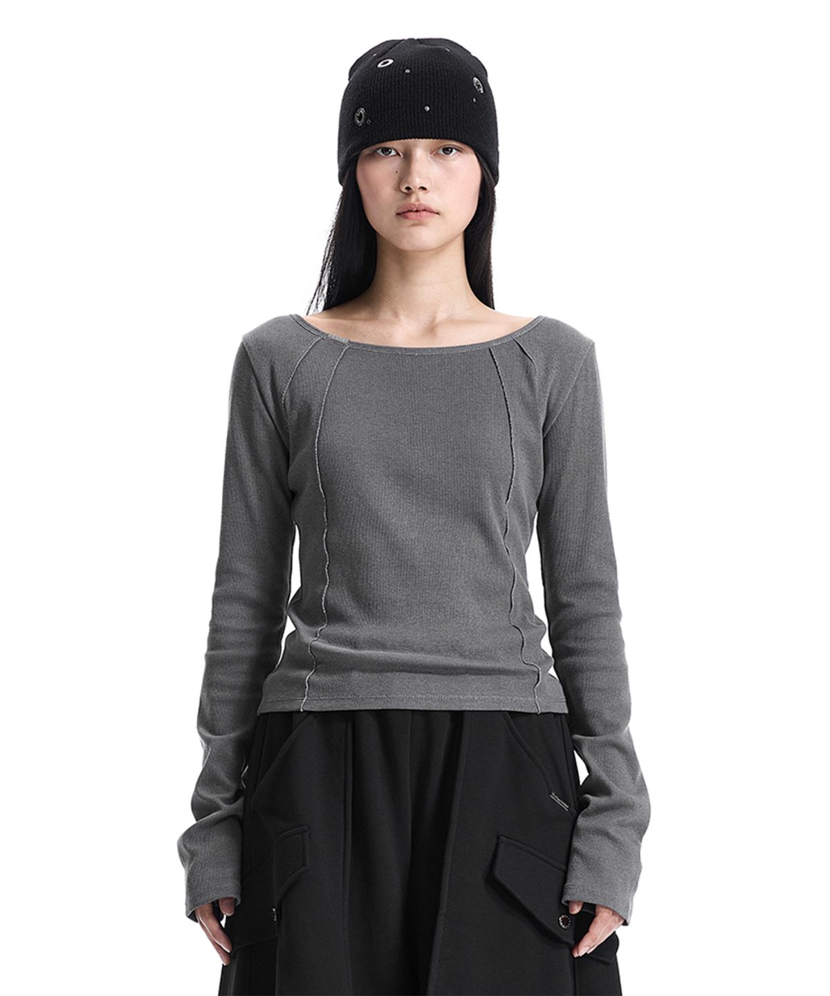 트리밍버드(TREEMINGBIRD) Pigment-Washed Raw Edge Boat Neck T-Shirt [ Gray ]