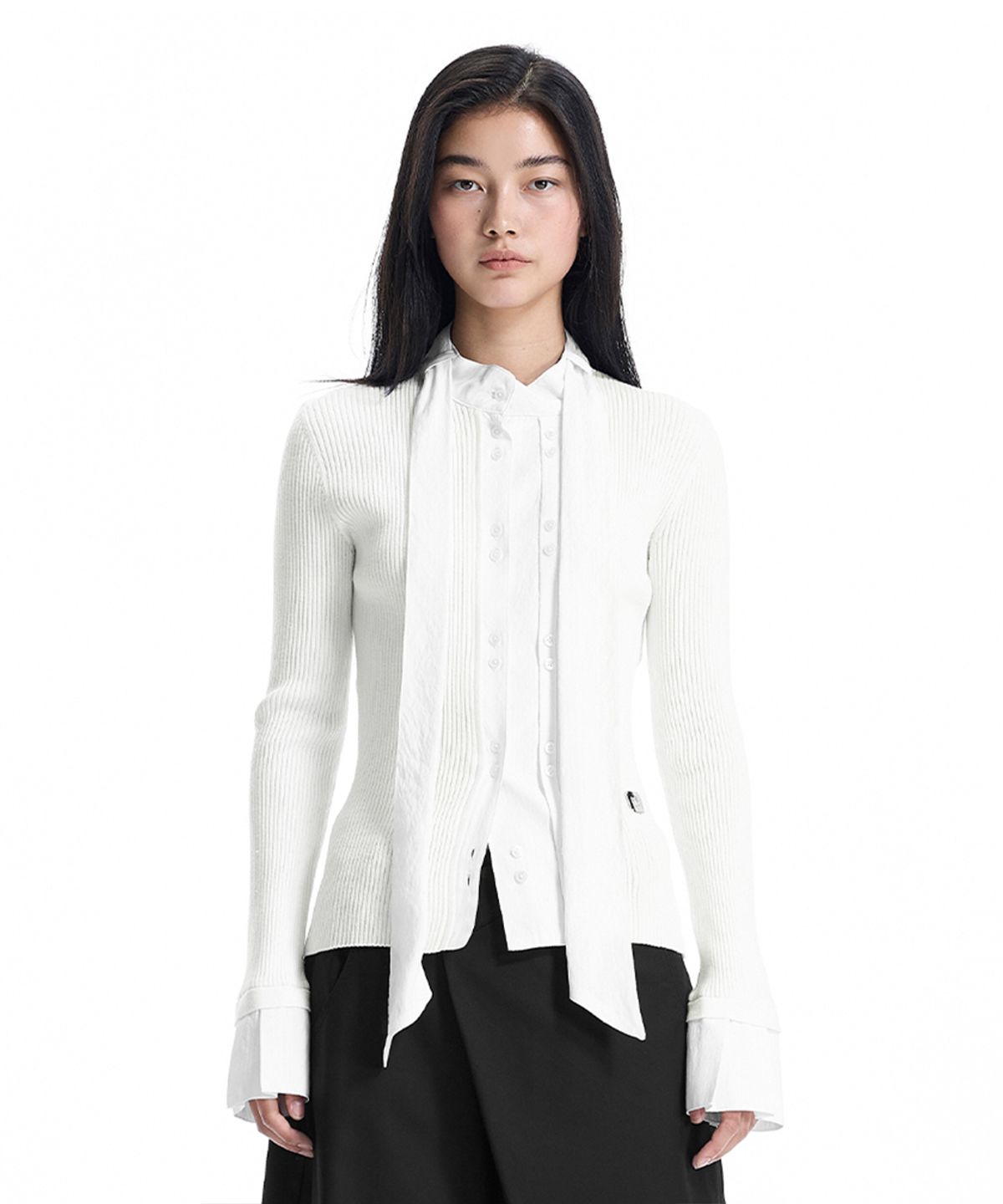 트리밍버드(TREEMINGBIRD) Fabric-Combo Scarf Knit Cardigan [ White ]