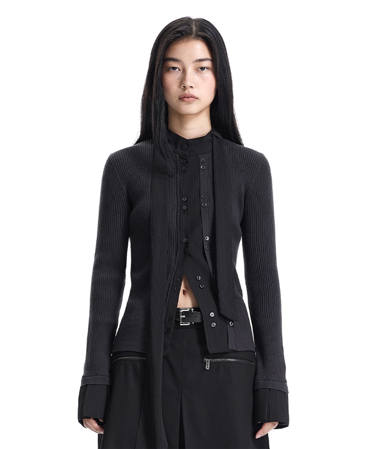 트리밍버드(TREEMINGBIRD) Fabric-Combo Scarf Knit Cardigan [ Black ]