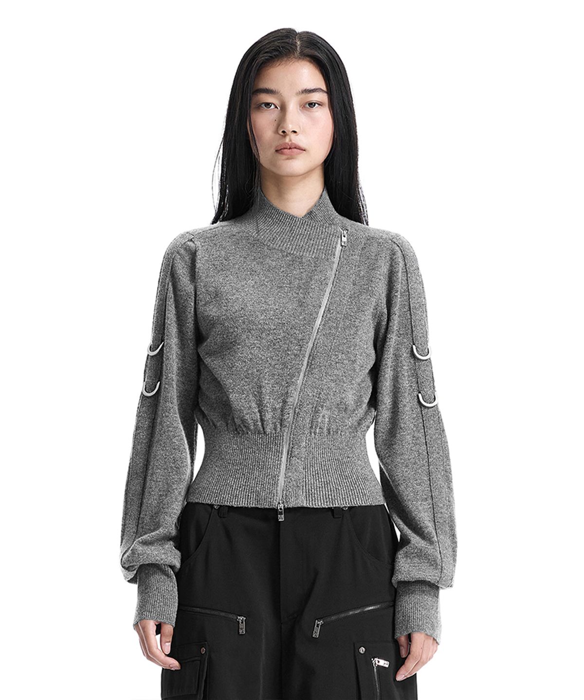 트리밍버드(TREEMINGBIRD) Sleeve D-ring Diagonal Zip Cardigan [ Gray ]