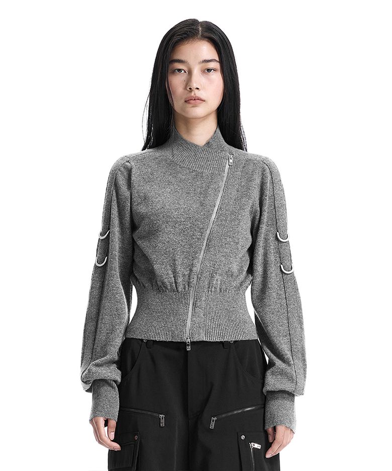 Sleeve D-ring Diagonal Zip Cardigan [ Gray ]