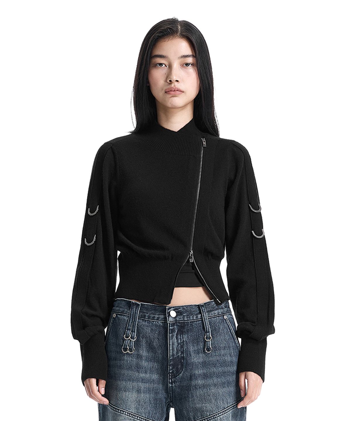 트리밍버드(TREEMINGBIRD) Sleeve D-ring Diagonal Zip Cardigan [ Black ]