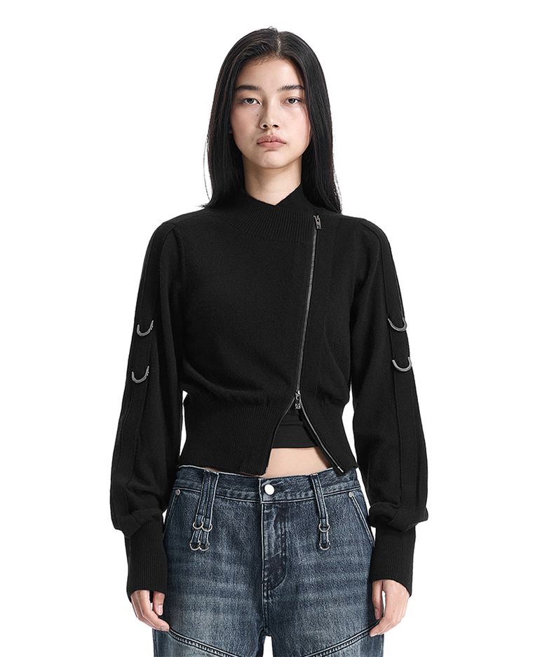 Sleeve D-ring Diagonal Zip Cardigan [ Black ]