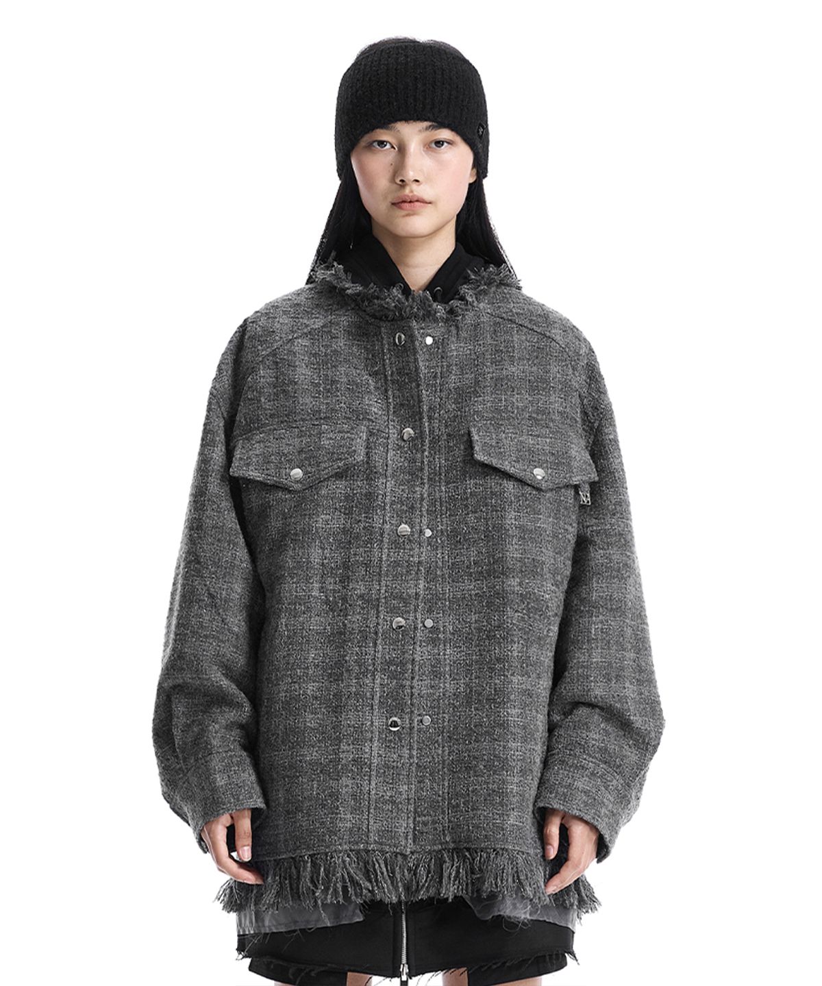 트리밍버드(TREEMINGBIRD) Frayed-Hem Tweed Jacket [ Gray ]