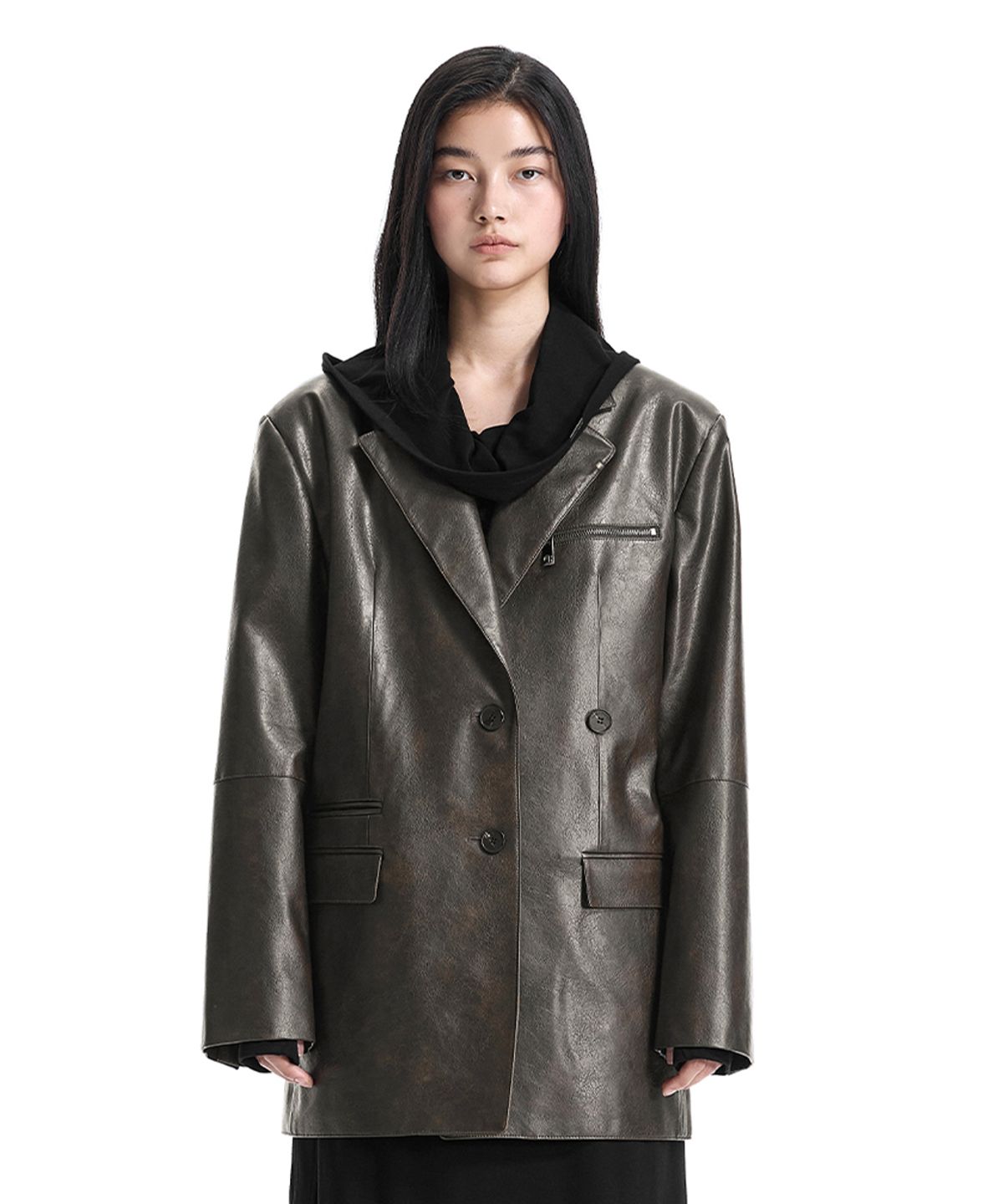 트리밍버드(TREEMINGBIRD) Metal-Ring Oversized Leather Jacket [ Brown ]