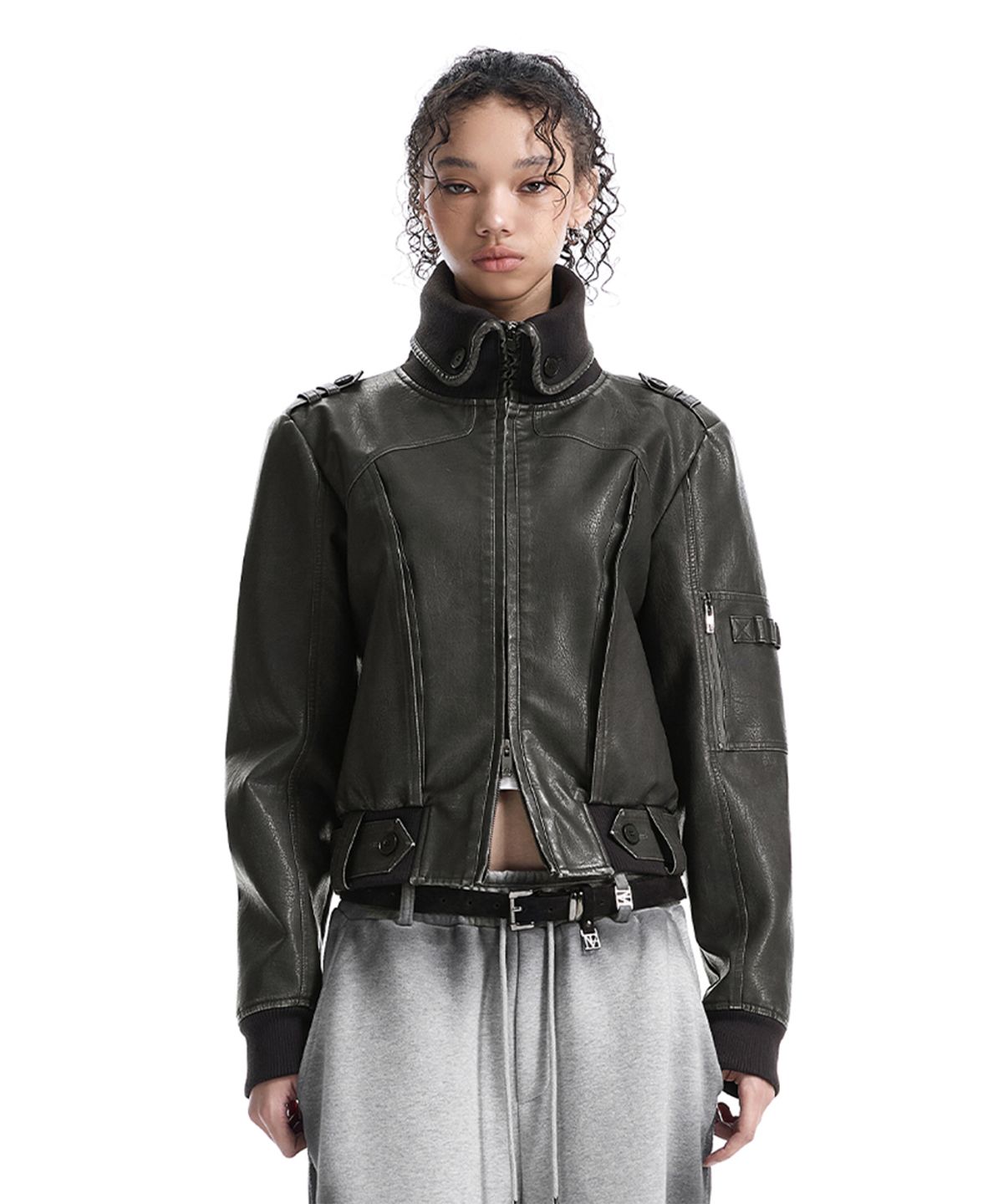 트리밍버드(TREEMINGBIRD) High-Neck Leather Bomber Jacket [ Gray ]