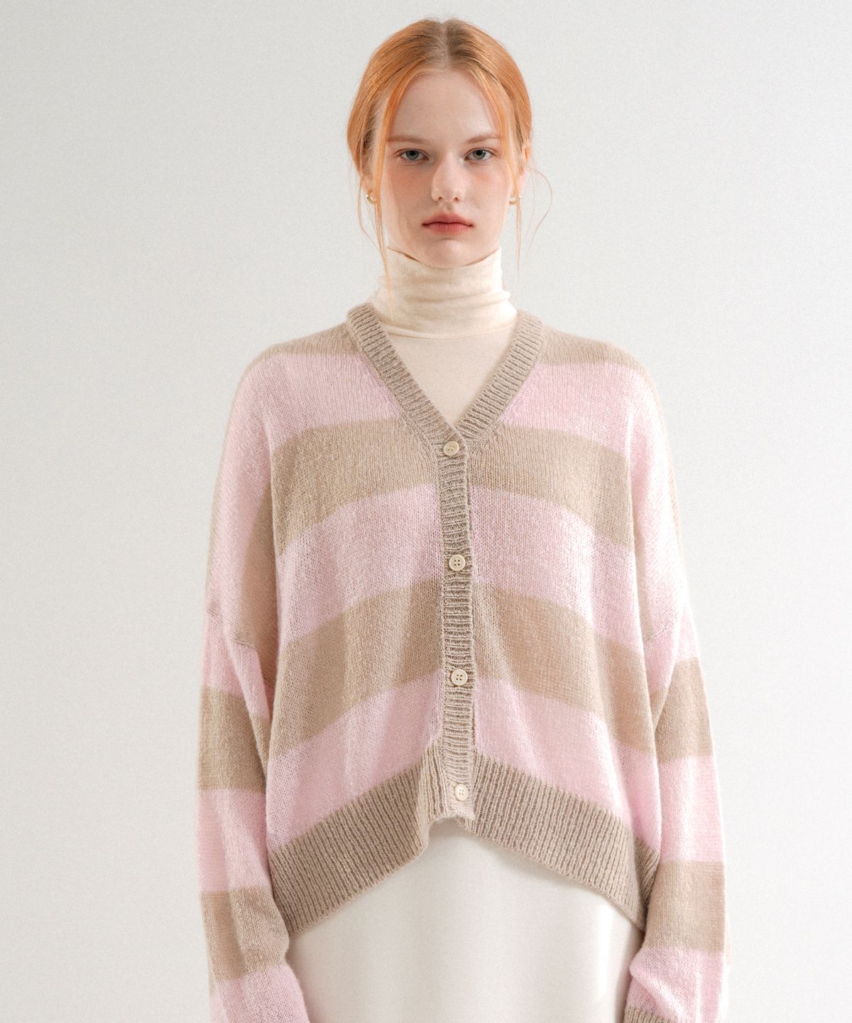 블레티(VLETI) Mohair Striped Knit Cardigan (Pink)