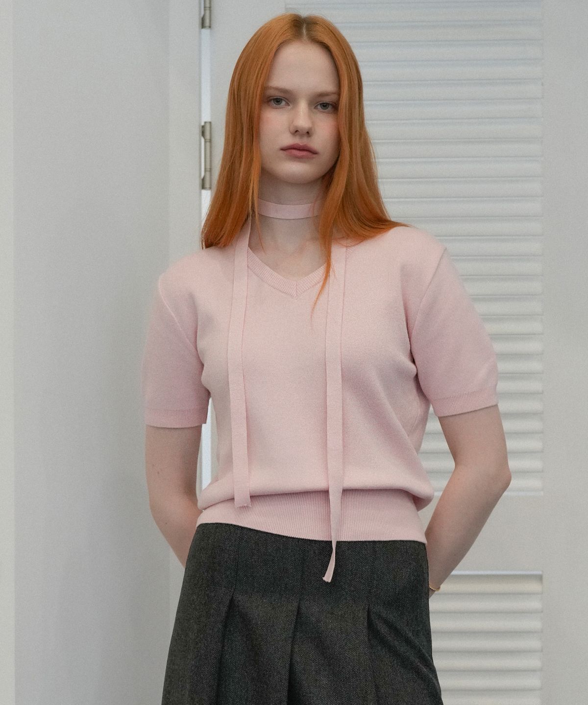 블레티(VLETI) Tie Set V-neck Half Knit (Pink)