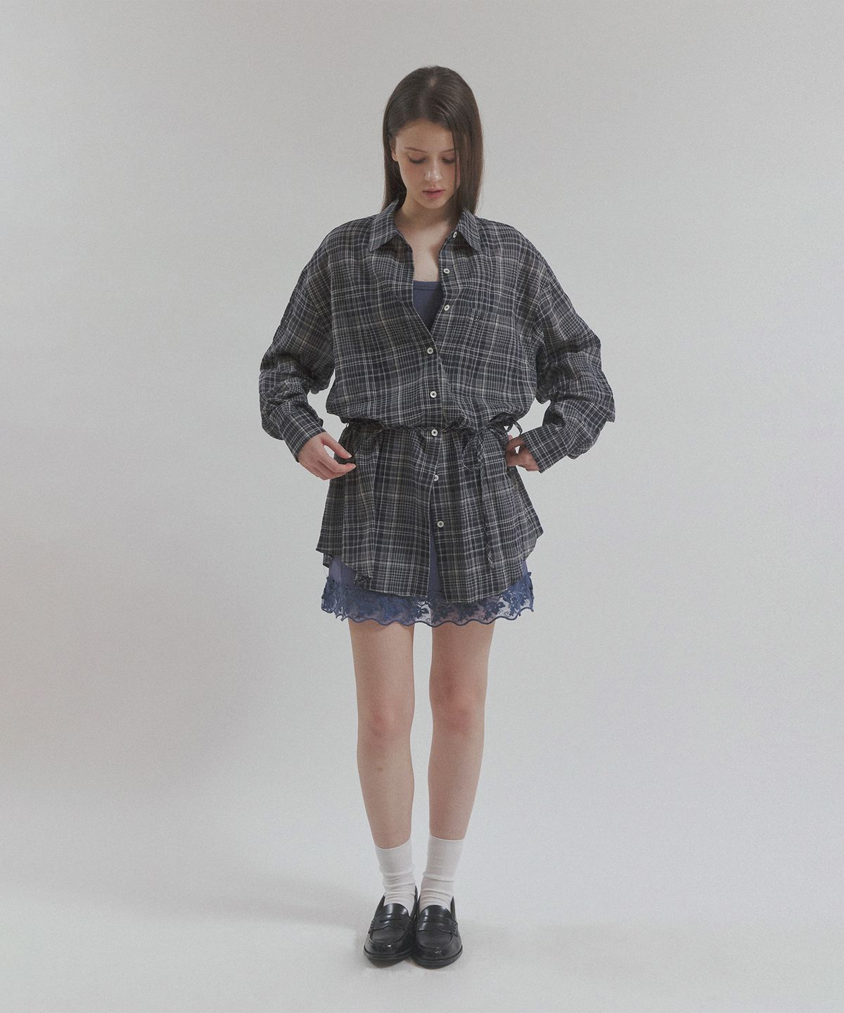 헤더먼트(HETHERMENT) checked length shirt (navy check)