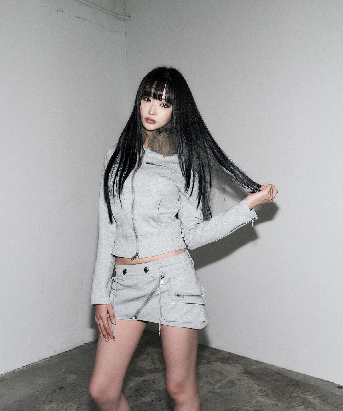 스키즘 인듀싱(SCHISM INDUCING) BOUND BIKER BELTED JACKET GREY