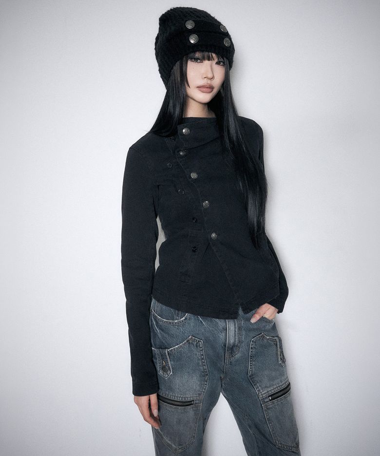 ASYMMETRIC BUTTON COWL JACKET BLACK