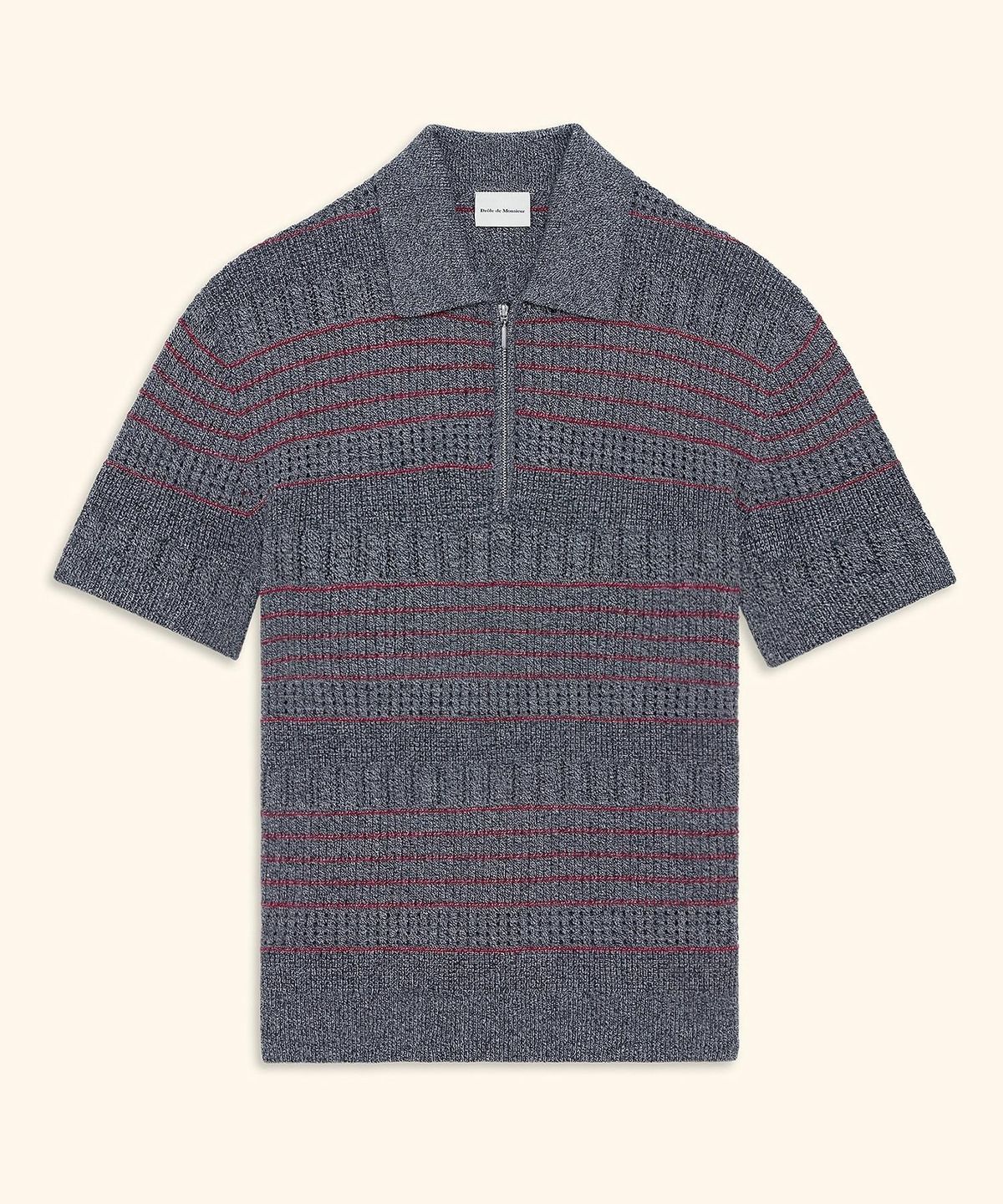 드롤드무슈(DROLE DE MONSIEUR) Openwork Zipped Short Sleeve Knit Polo D0WPA26106GYX
