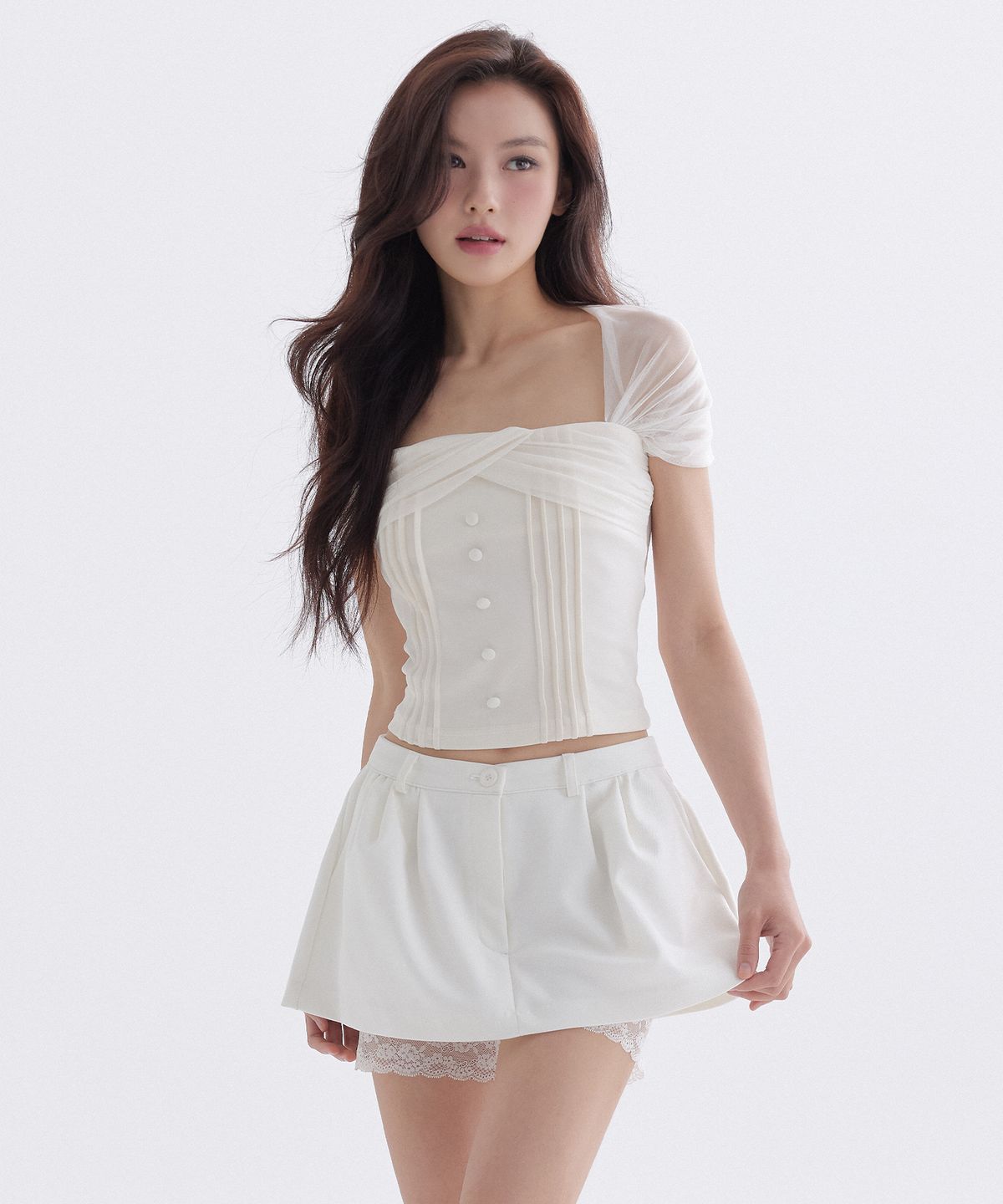 더티스(THETIS) ROSEE MESH PINTUCK BOLERO T-SHIRT_TT6S211IV