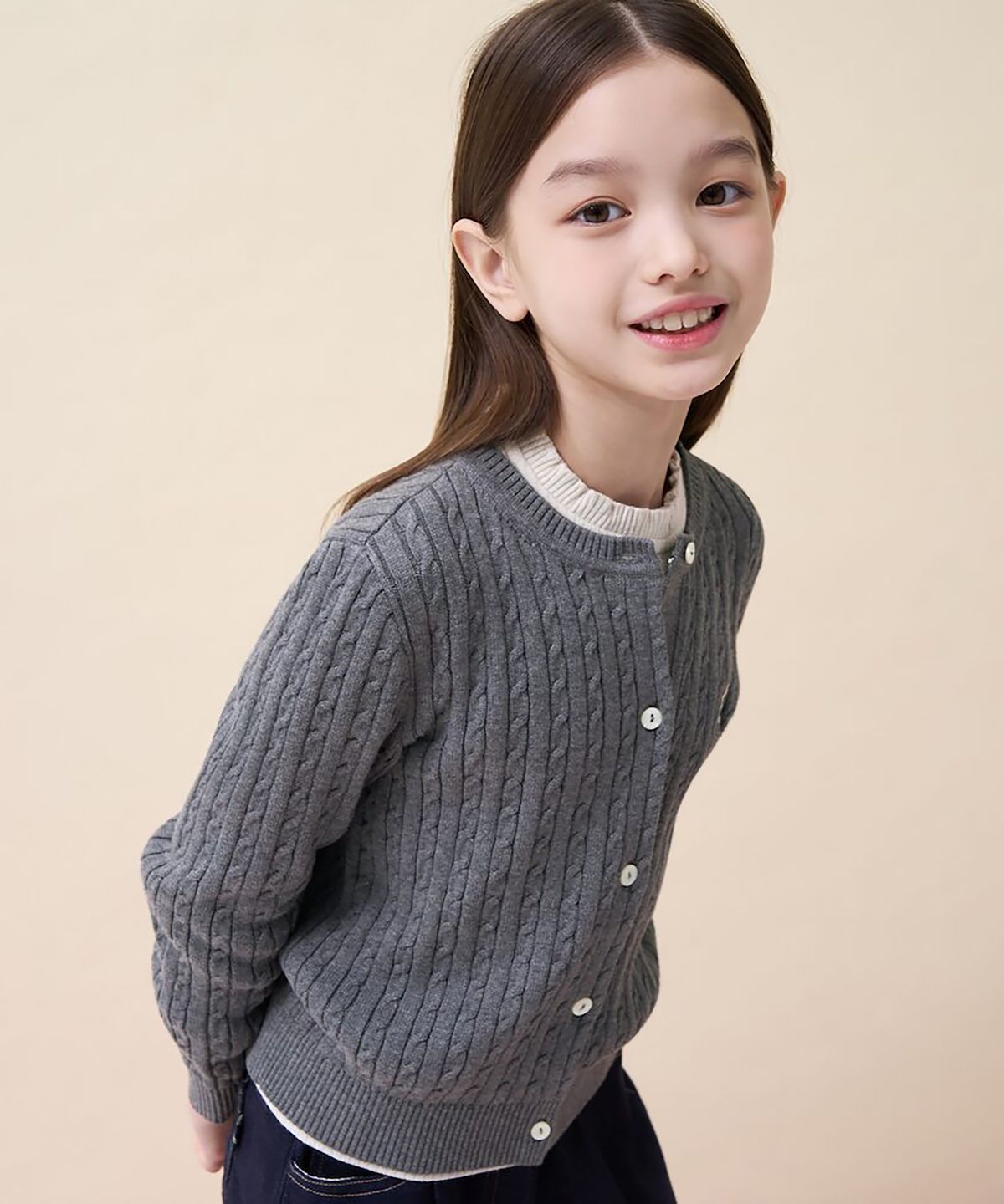 빈폴 키즈(BEANPOLE KIDS) [Essential] 여아 수피마 슬림 면 케이블 카디건  애쉬 (BI685AGE14)