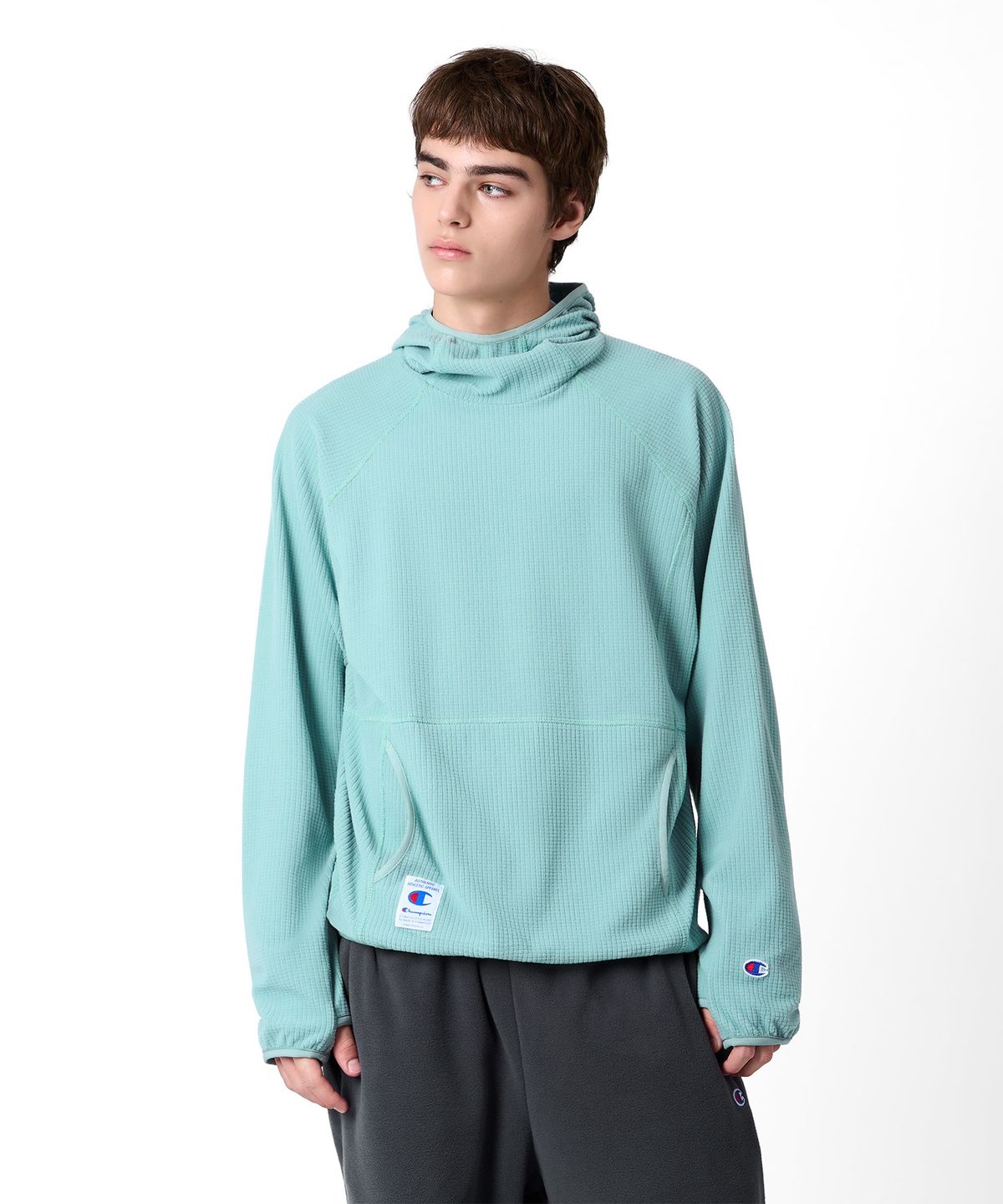 챔피온(CHAMPION) 와플 플리스 하이넥 후드 티셔츠 Green