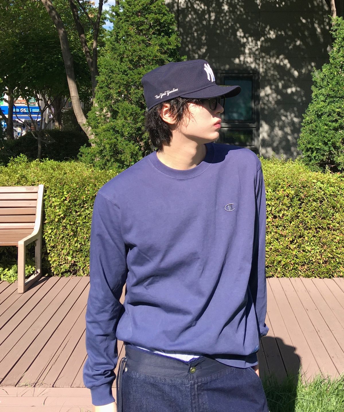 챔피온(CHAMPION) C로고 다잉 오버핏 조그택 롱슬리브 티셔츠 Blue
