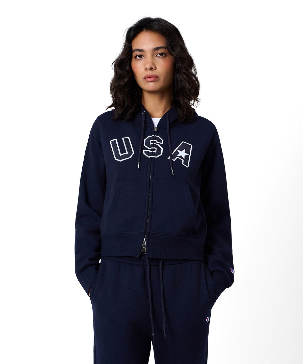 챔피온(CHAMPION) 여성 USA 로고 크롭 기모 후드 집업 Navy