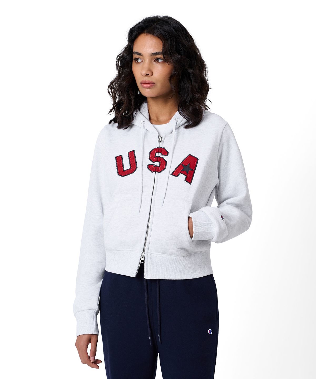 챔피온(CHAMPION) 여성 USA 로고 크롭 기모 후드 집업 Light Grey