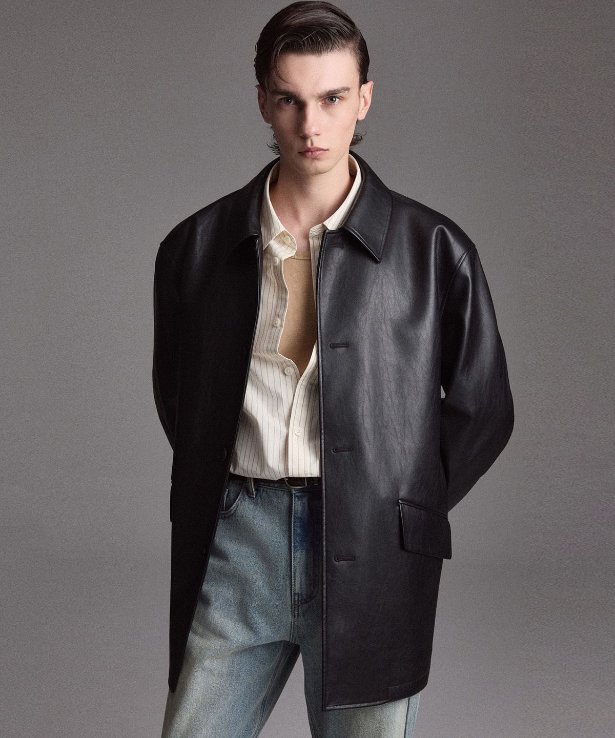 티엔지티(TNGT) Oversized Faux Leather Car Coat (Black) TNJU6F109BK