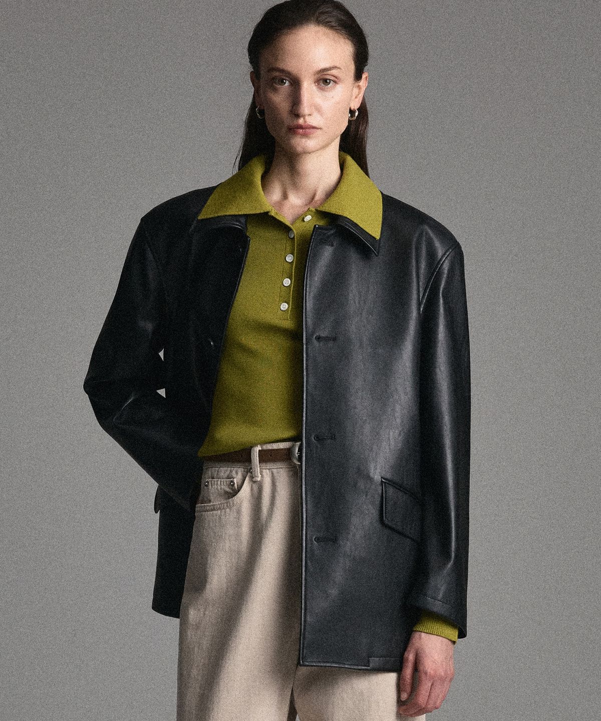 티엔지티 우먼(TNGT WOMAN) W Oversized Faux Leather Car Coat (Black) TNJU6F109BK